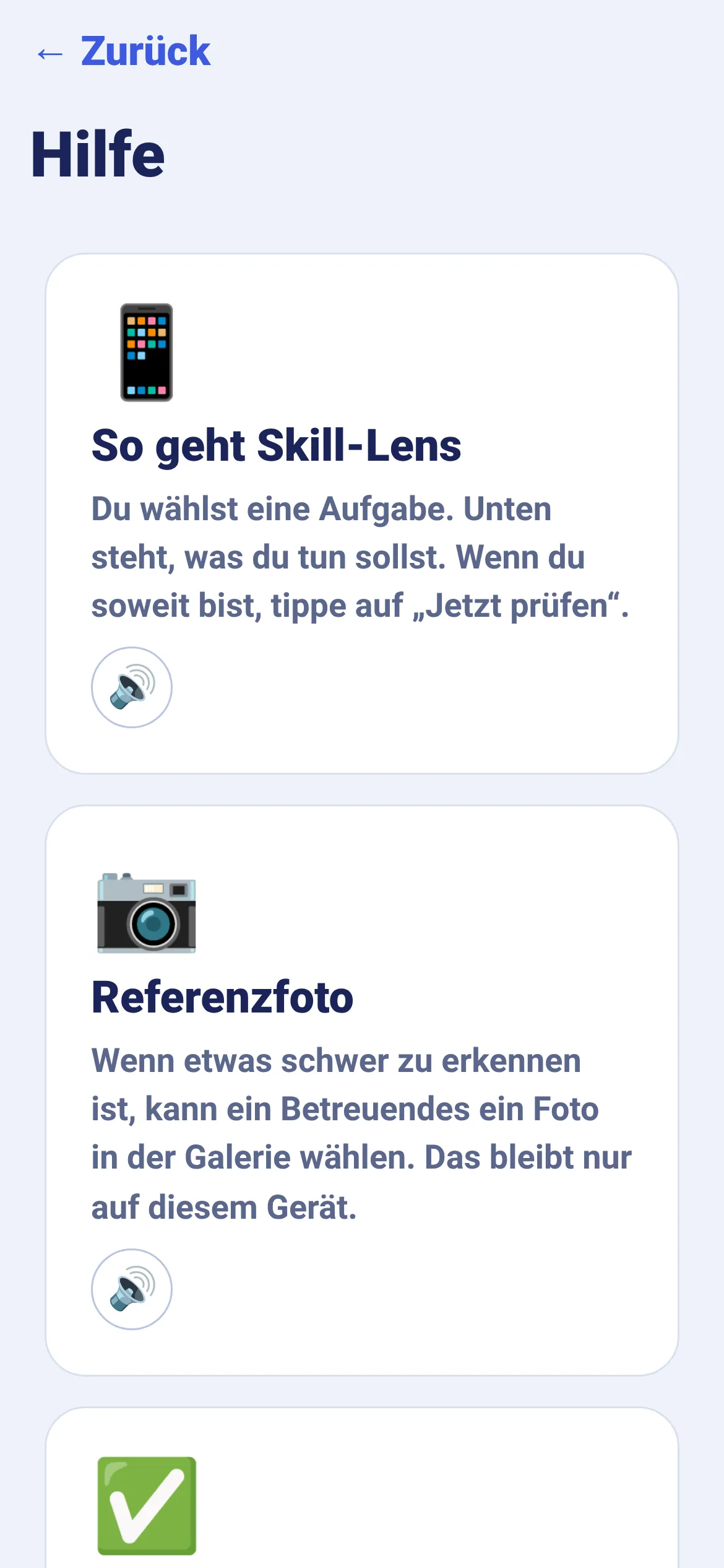 Hilfe-Bildschirm von Skill-Lens mit einem erkannten Gegenstand und einem ruhigen Hinweis.