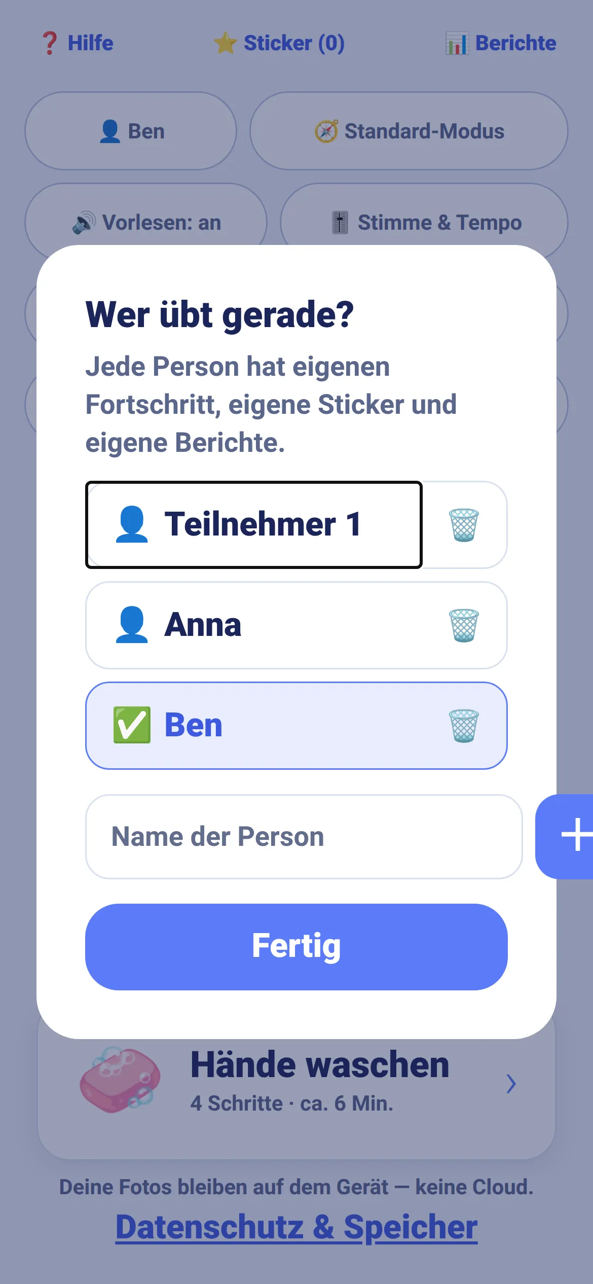 Bildschirm mit mehreren Personen-Profilen auf einem Gerät.